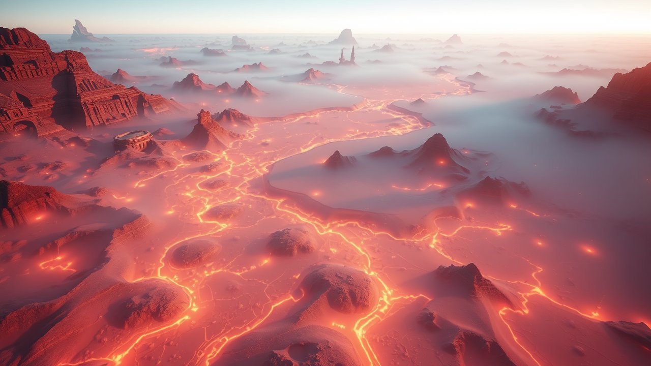 Aerial View of a Volcanic Lava Landscape with Mist