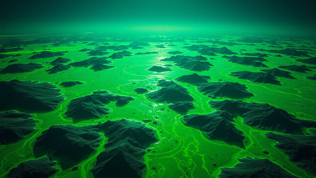 Aerial View of Alien Green Landscape with Mountains