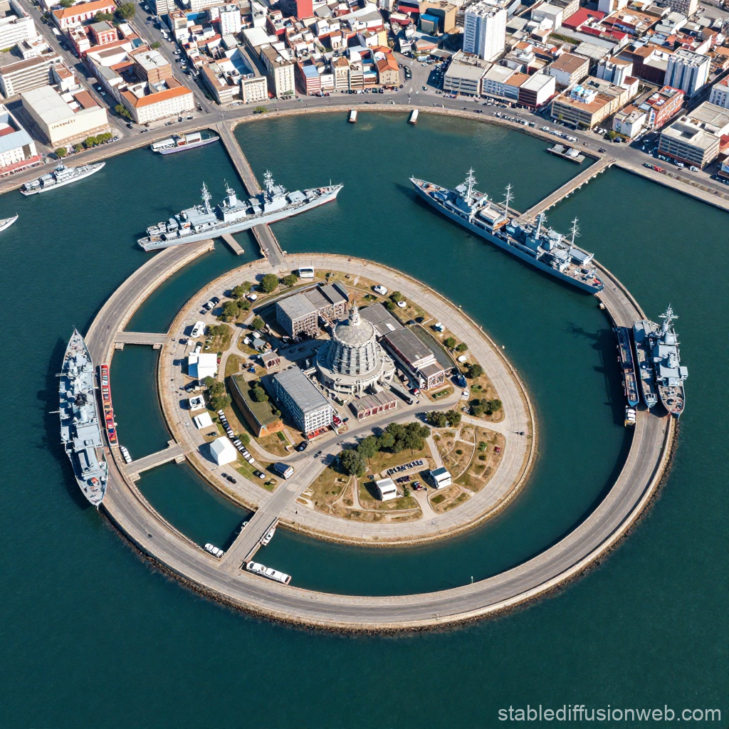 Aerial View of Circular Military Port with Warships