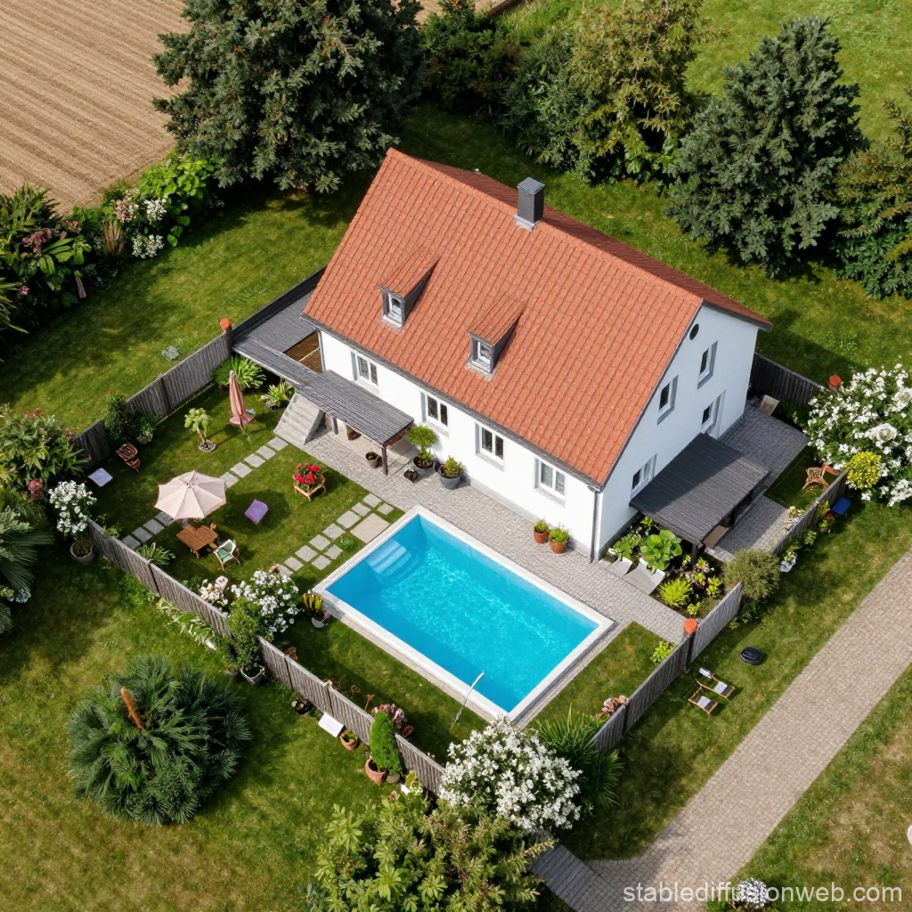 Aerial View of Cozy House with Pool and Garden