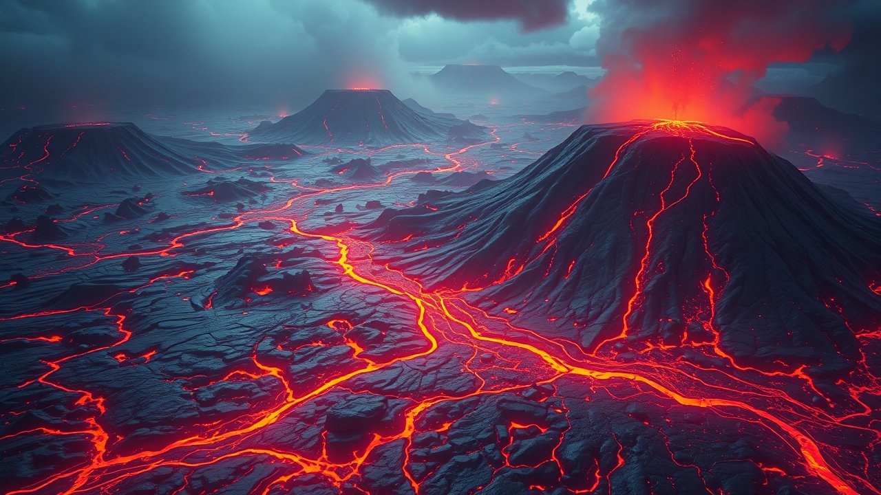 Aerial View of Erupting Volcanoes with Flowing Lava
