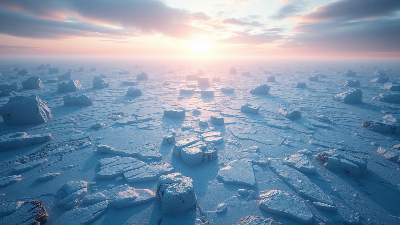 Aerial View of Frozen Ice Blocks at Sunrise