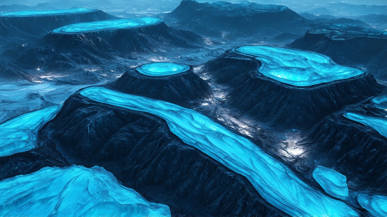 Aerial View of Futuristic Blue Glowing Plateaus