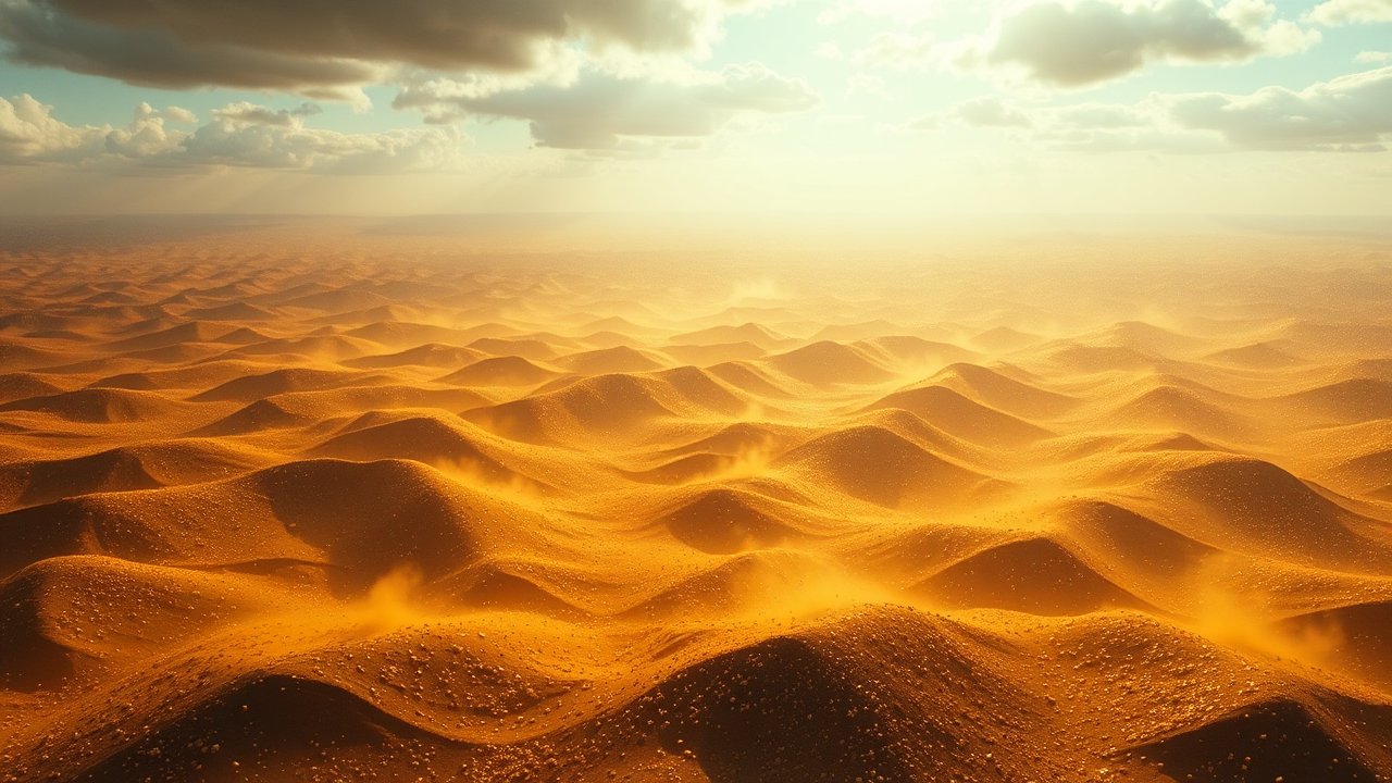 Aerial View of Golden Desert Dunes Under Cloudy Sky
