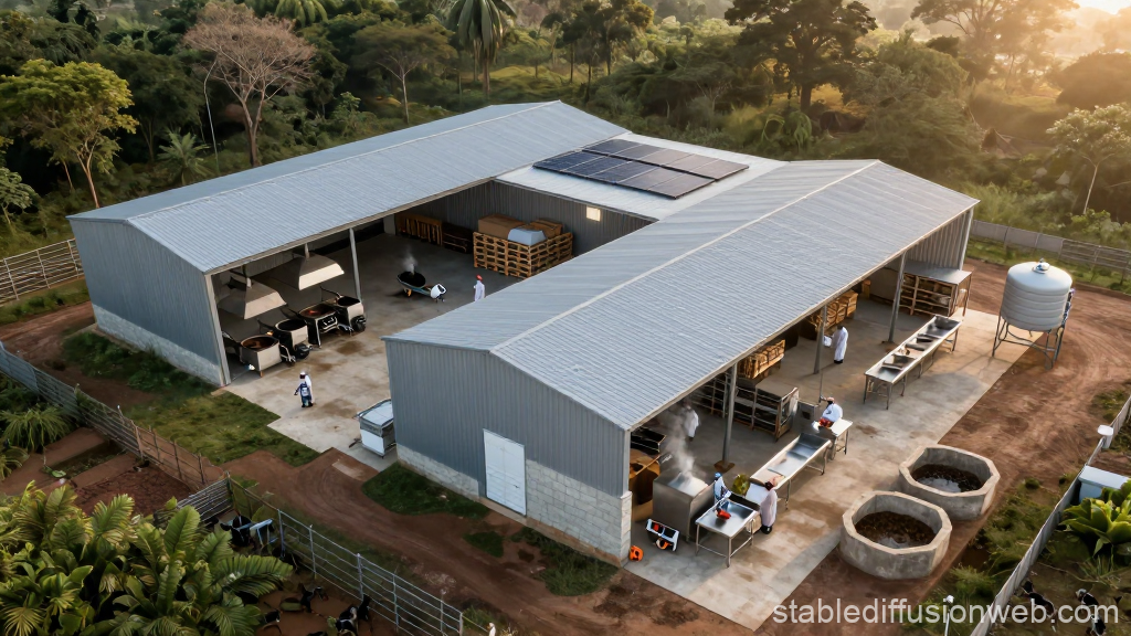 Aerial View of Modern Agricultural Facility with Solar Panels