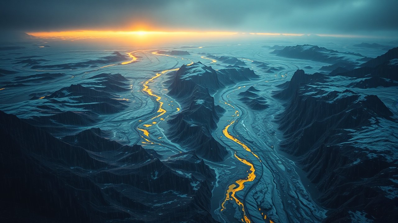 Aerial View of Mountainous Landscape with Golden Rivers at Sunset