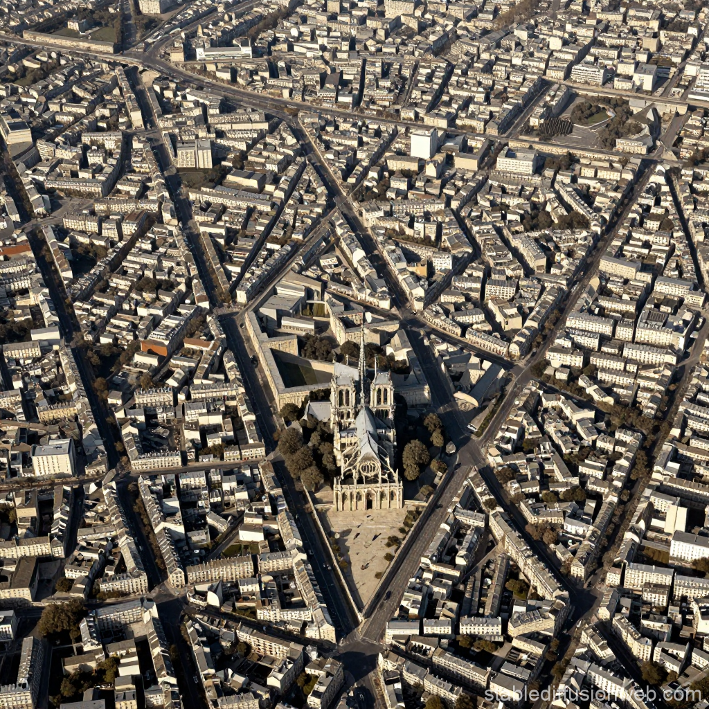 Aerial View of Notre-Dame Cathedral and Surrounding Paris Streets