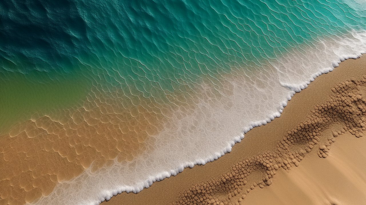 Aerial View of Ocean Waves Meeting Sandy Shore
