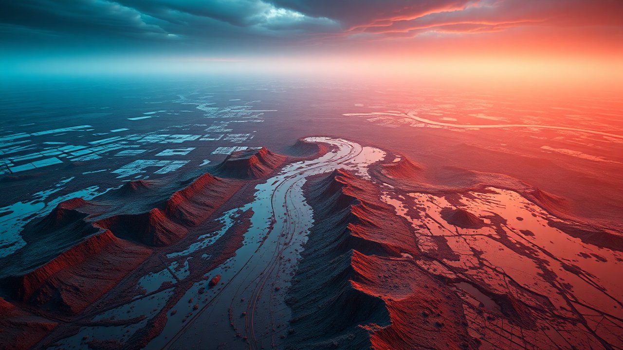 Aerial View of Rugged Landscape at Sunset