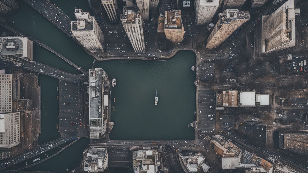 Aerial View of Urban Waterway with Boat in City Center