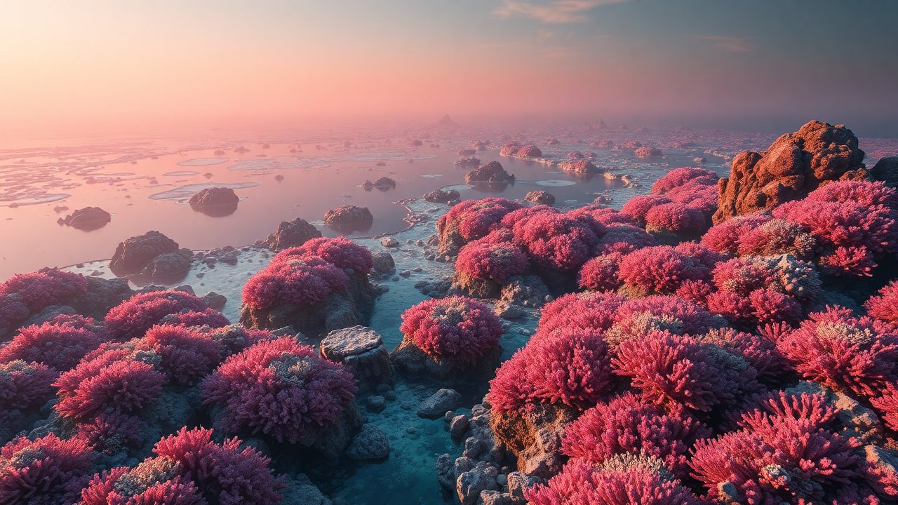 Aerial View of Vibrant Pink Coral Reefs at Sunset