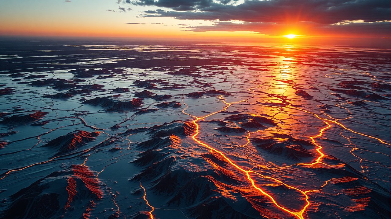 Aerial View of Volcanic Landscape at Sunset