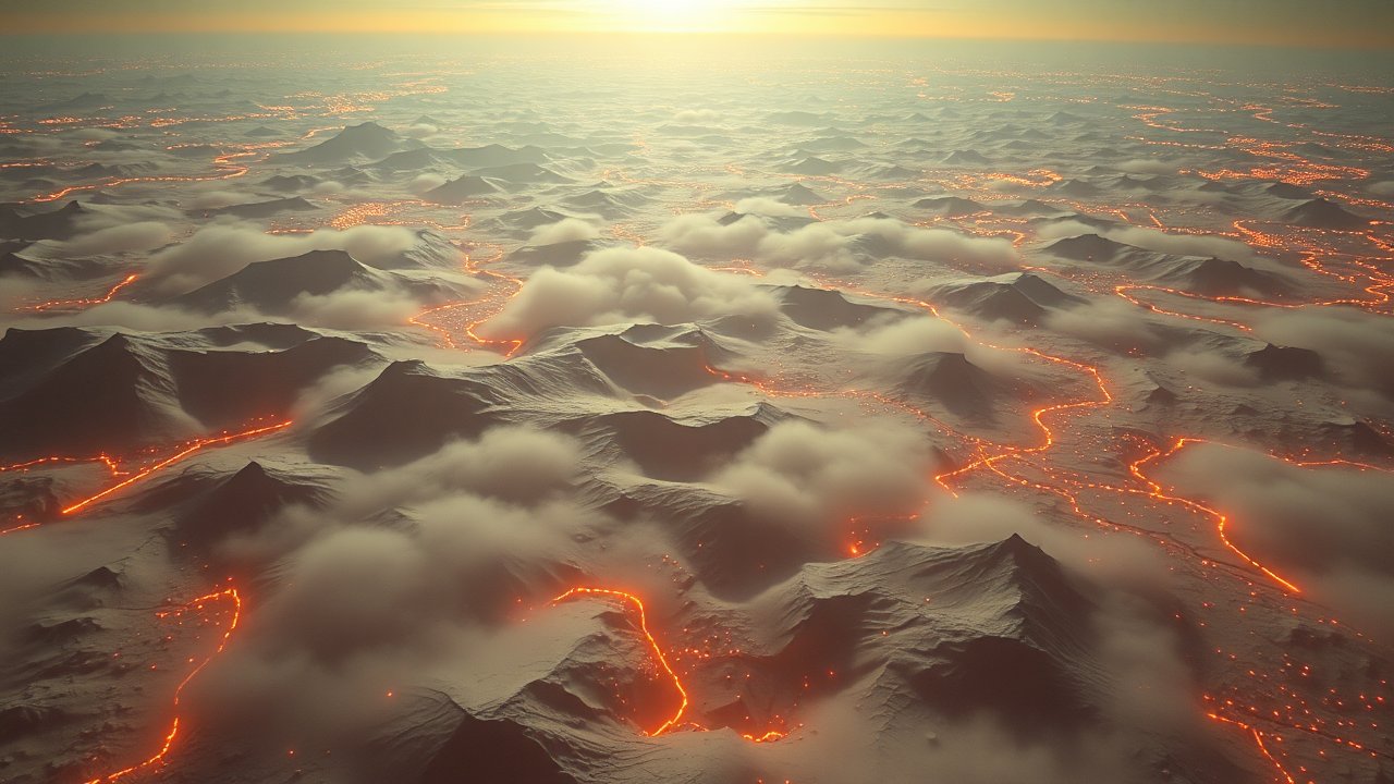 Aerial View of Volcanic Landscape with Flowing Lava