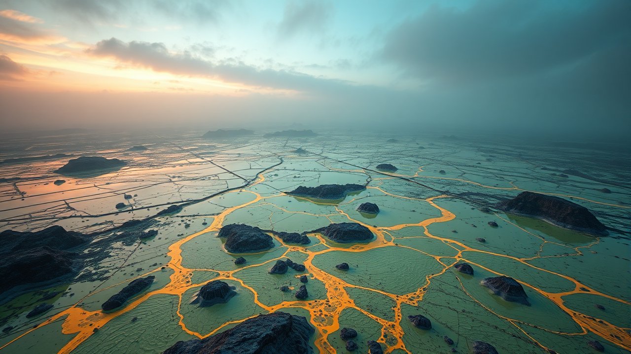 Aerial View of Volcanic Landscape with Flowing Lava