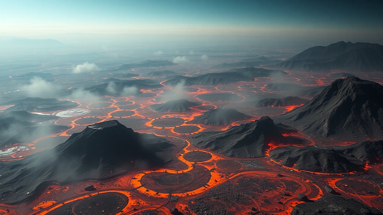 Aerial View of Volcanic Landscape with Flowing Lava