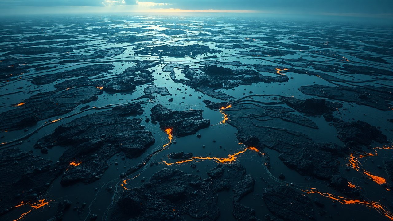 Aerial View of Volcanic Lava Flow at Dusk