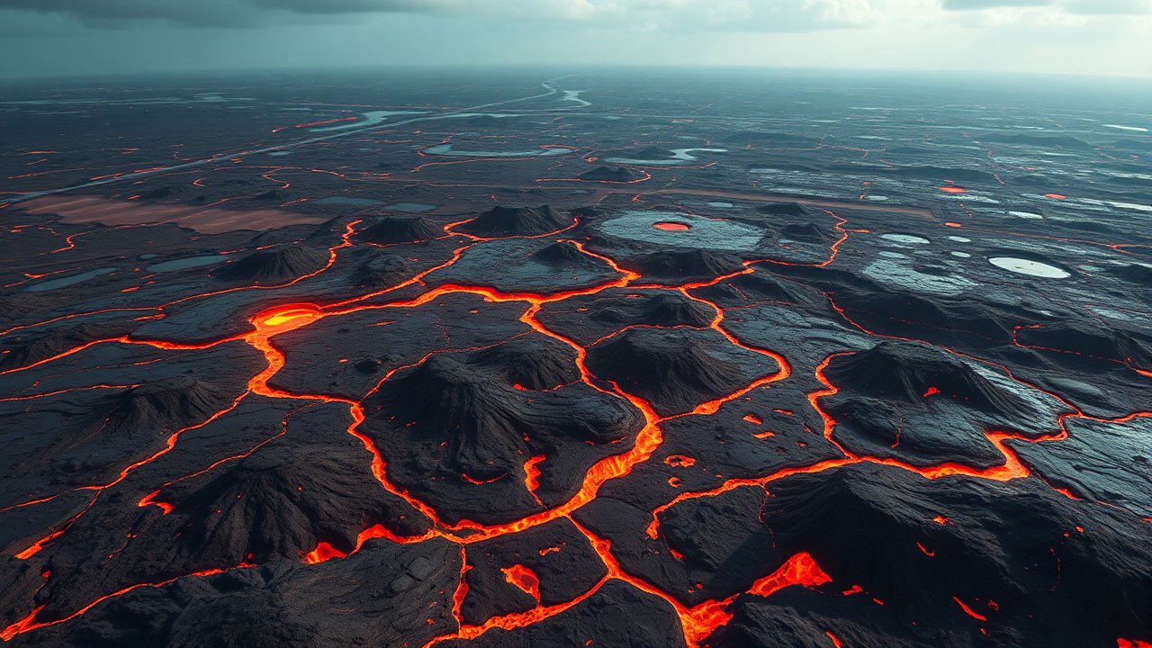 Aerial View of Volcanic Lava Flow Landscape