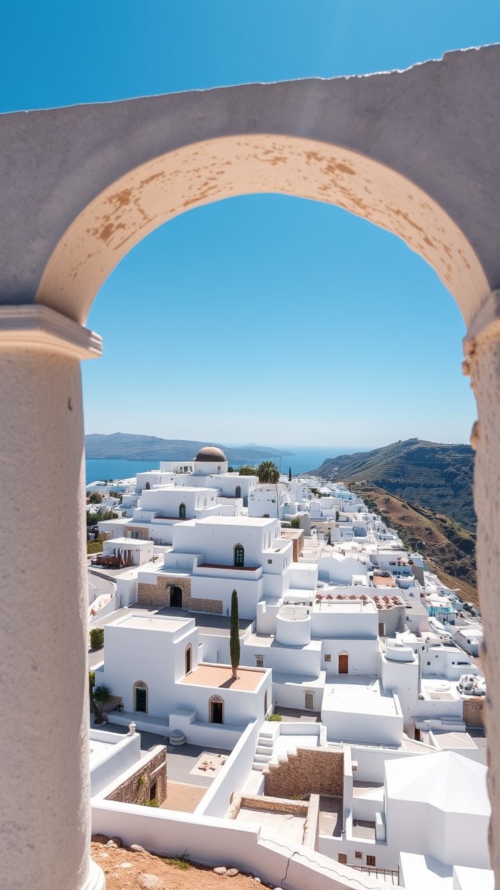 Aerial View of White Buildings in Ancient Thera Through Archway