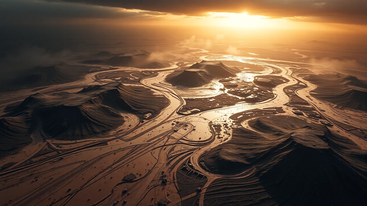 Aerial View of Winding River and Hills at Sunset