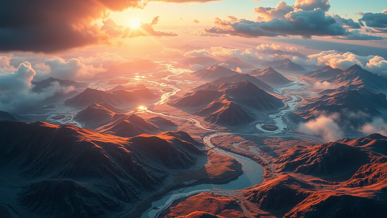 Aerial View of Winding River Through Mountainous Landscape at Sunset