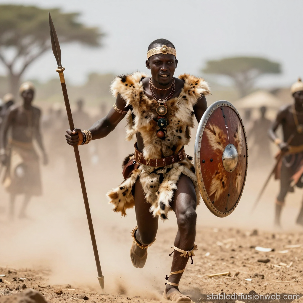 African Warrior Charging with Spear and Shield