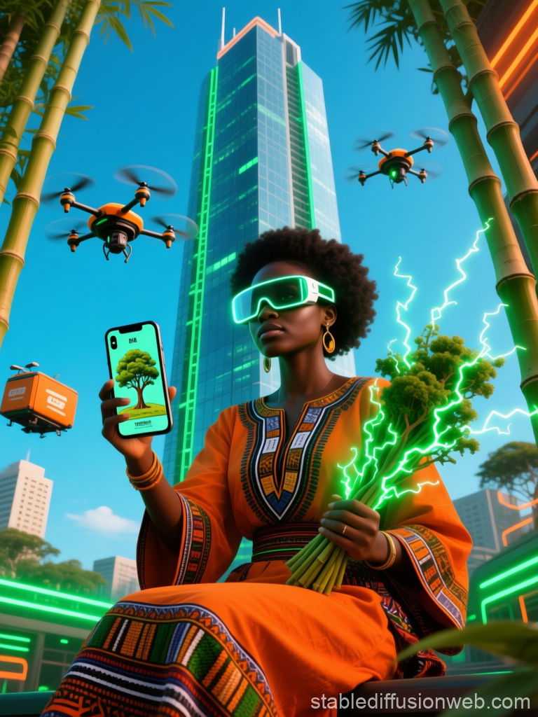 Afrofuturist Woman with Tech and Nature in Urban Setting