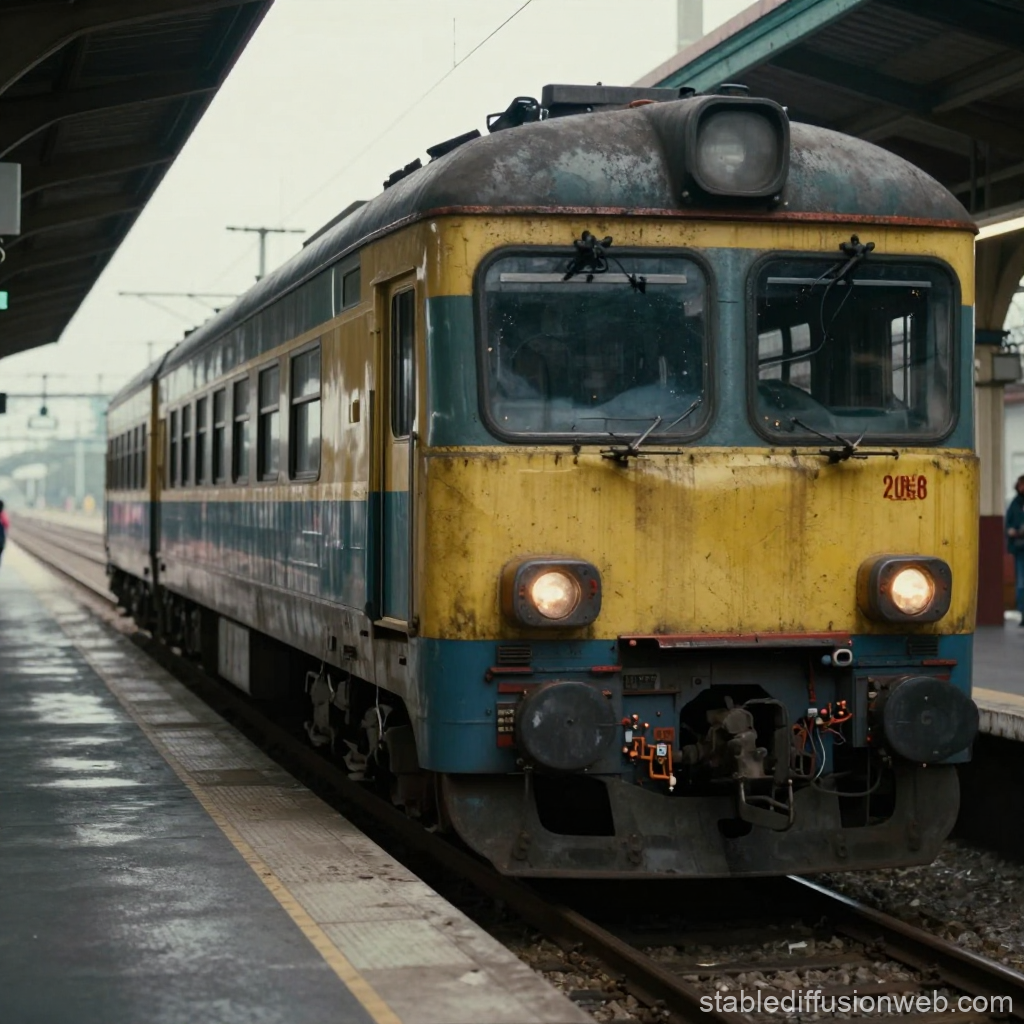 Aged Yellow and Blue Train at a Rainy Station Platform