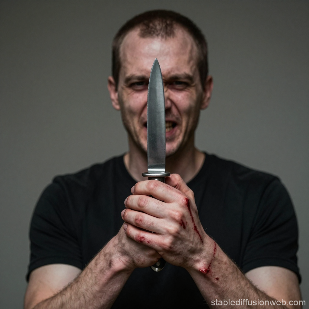 Aggressive Bald Man Holding Bloodied Knife