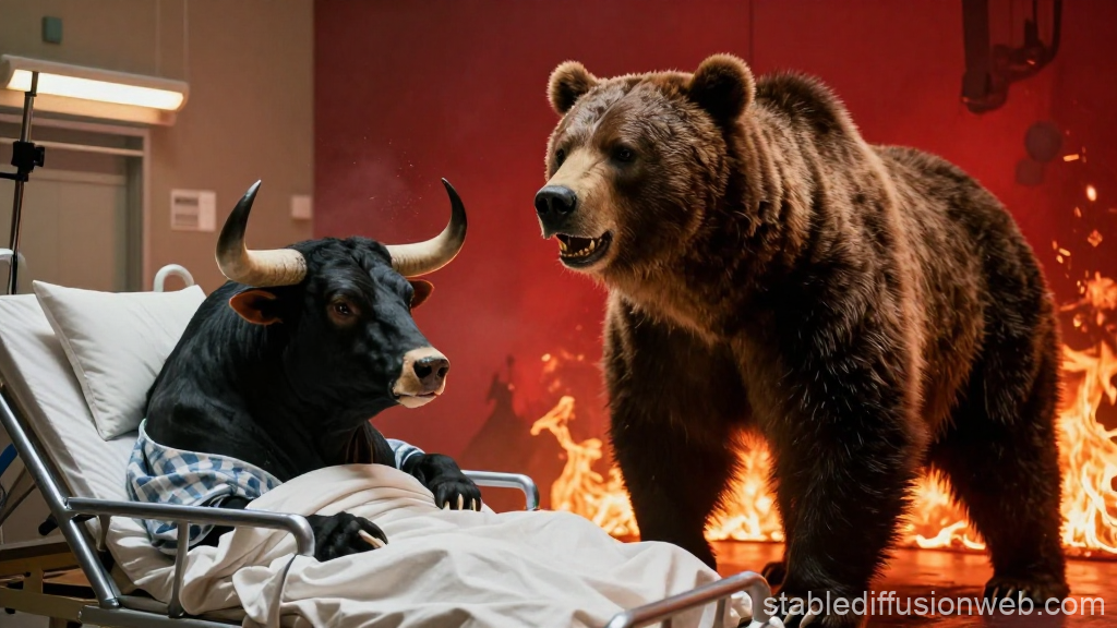 Aggressive Bear Approaches Bull in Hospital Bed Amid Flames