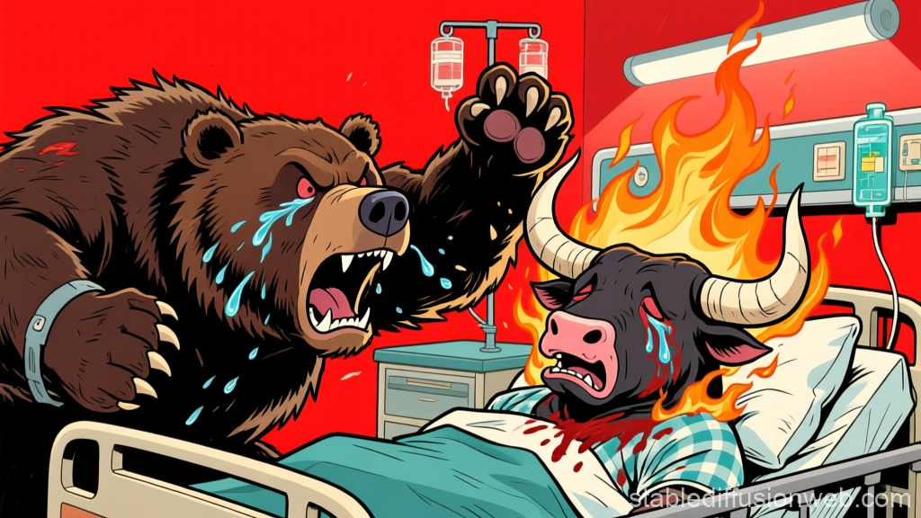 Aggressive Bear Attacking Suffering Bull in Fiery Hospital Scene