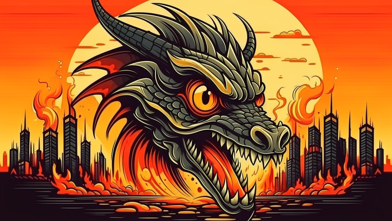 Aggressive Dragon Head Over Fiery Cityscape