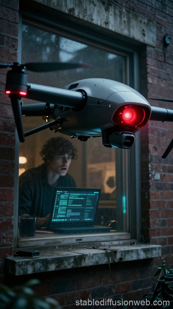 AI Drone Hovering Outside Window with Programmer Inside