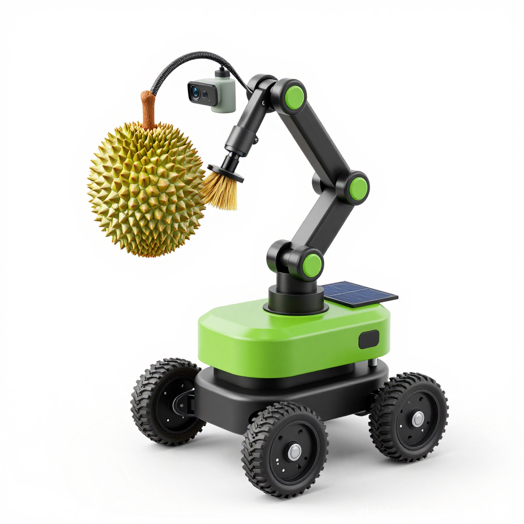 AI Robot Pollinating Durian Fruit with Brush Attachment