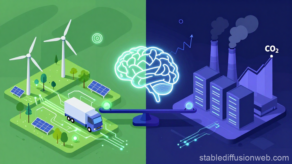AI Sustainability Paradox Illustration with Green Energy and Pollution
