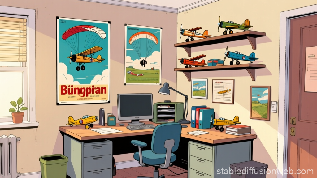 Aircraft-Themed Cozy Office with Model Planes and Posters