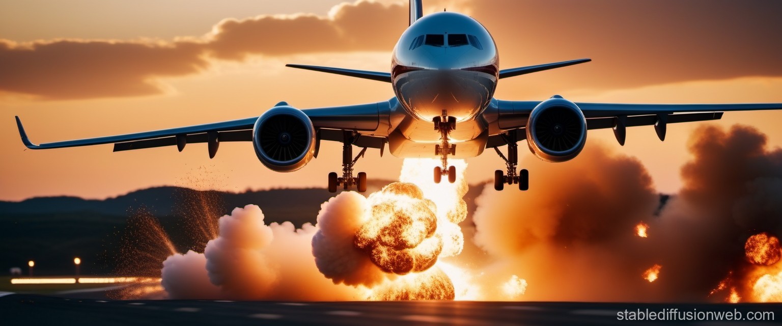 Airplane Landing Amid Explosions at Sunset