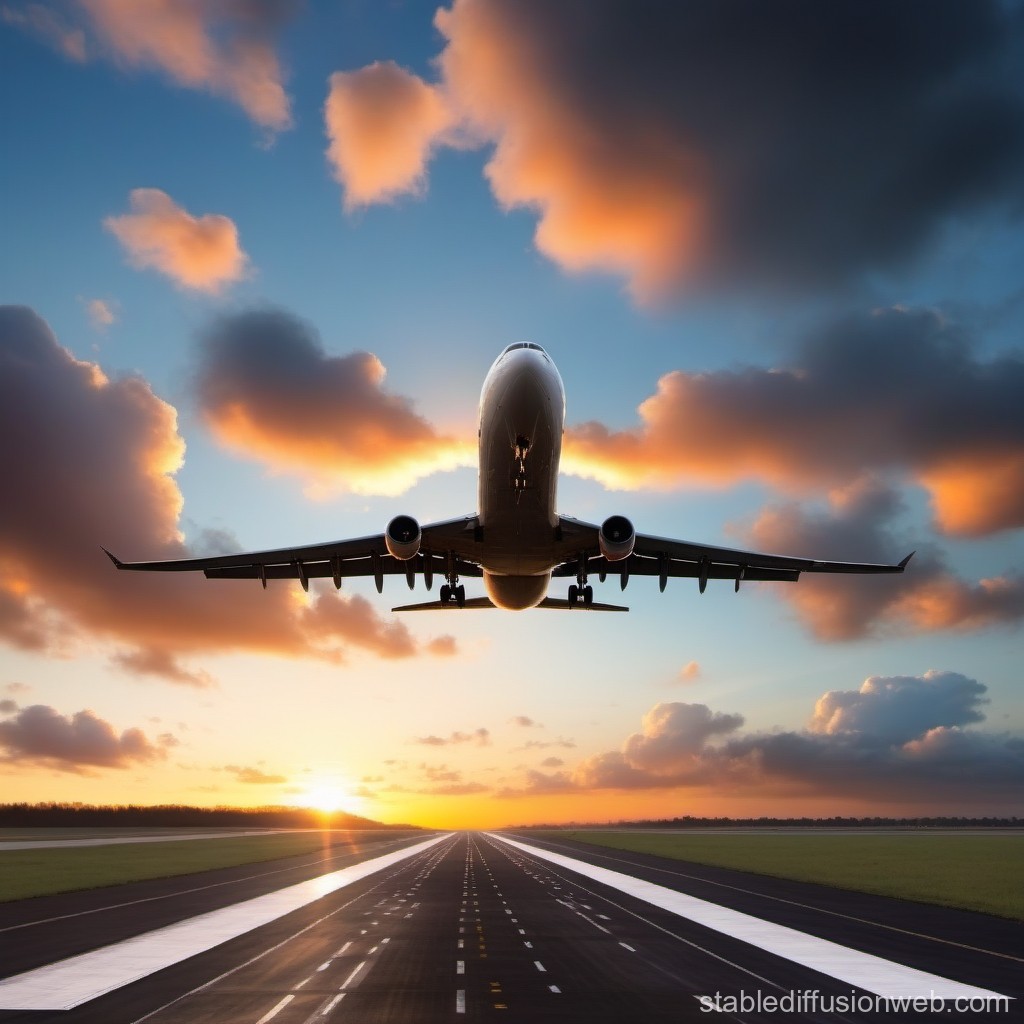 Airplane Taking Off at Sunset Over Runway