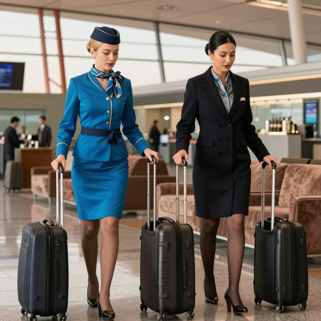 Airport Staff Walking with Luggage in Uniforms