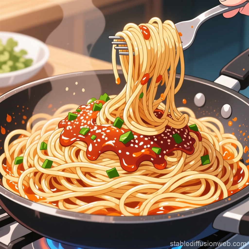 Al Dente Spaghetti with Tomato Sauce in Pan