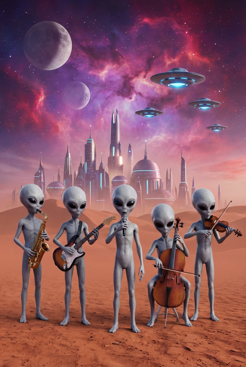 Alien Band Performing on a Desert Planet with Futuristic Cityscape