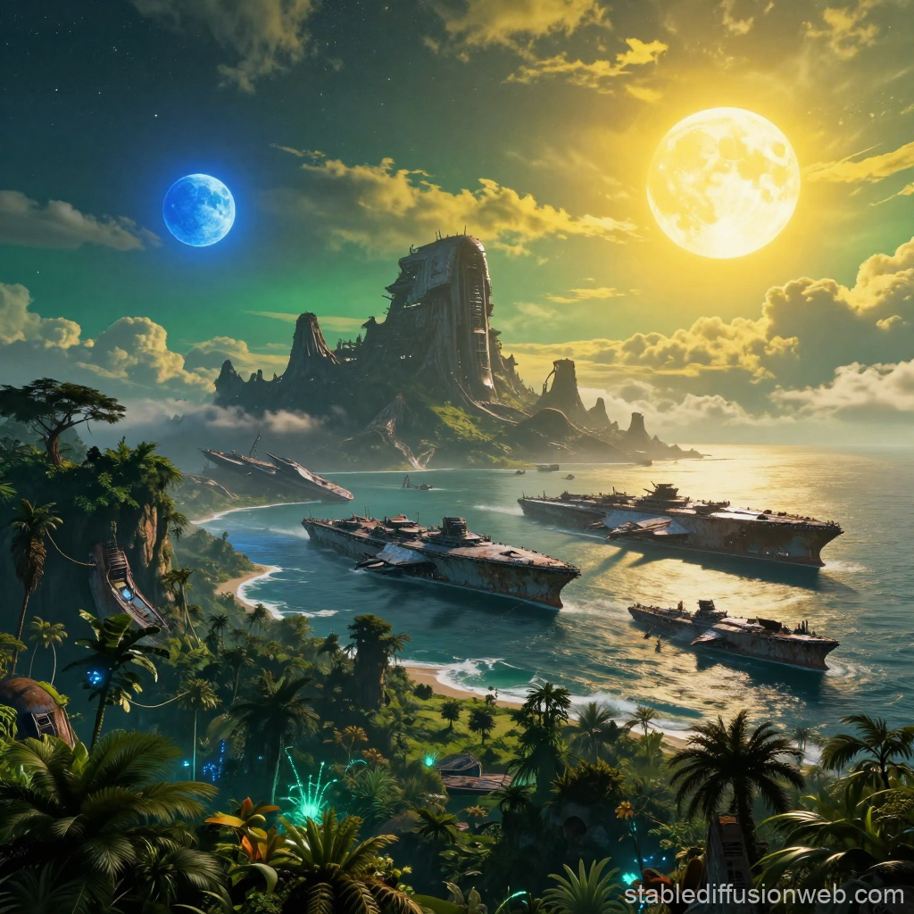 Alien Coastline with Dual Moons and Ancient Ruins