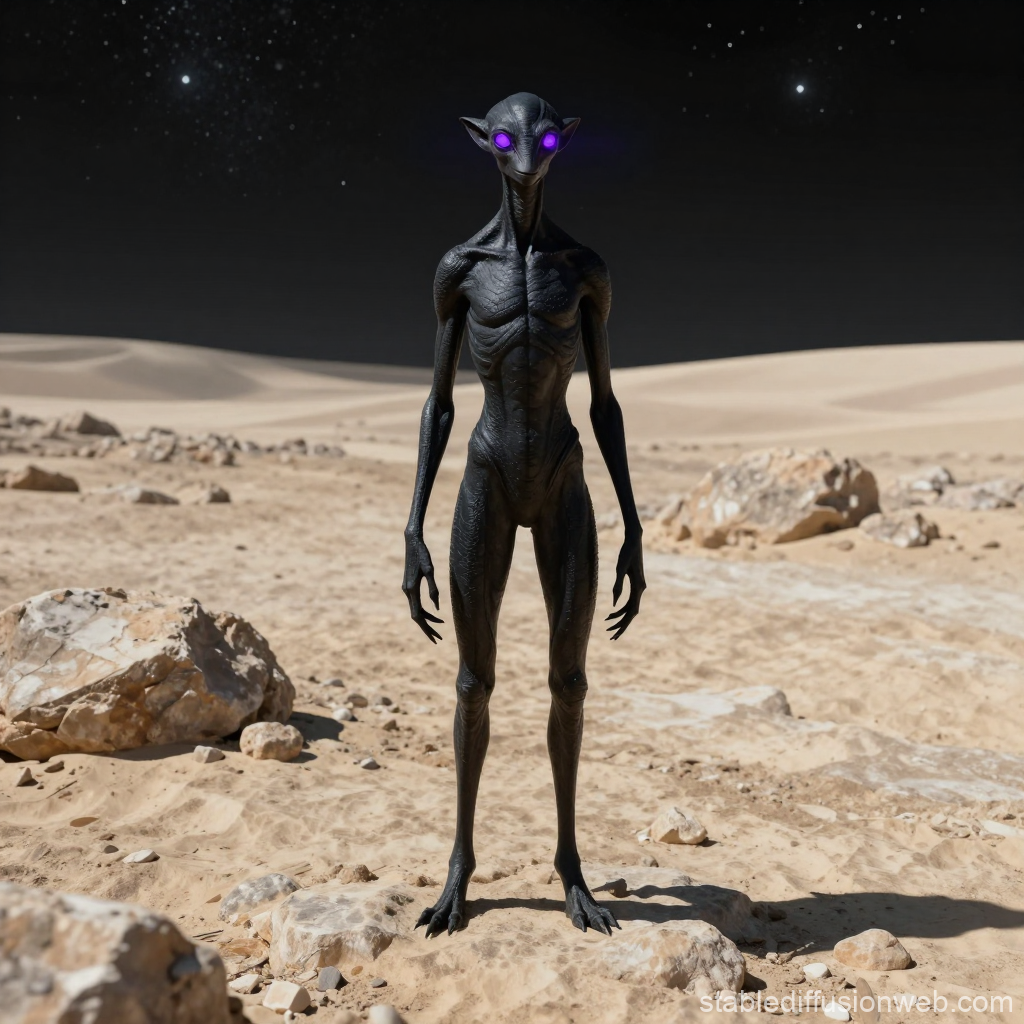 Alien Creature with Glowing Purple Eyes on Desert Planet