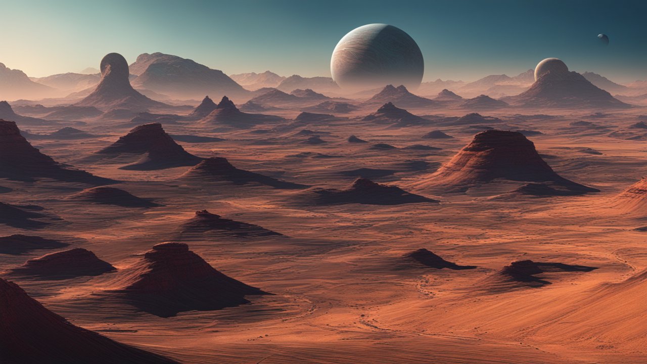 Alien Desert Landscape with Distant Planets