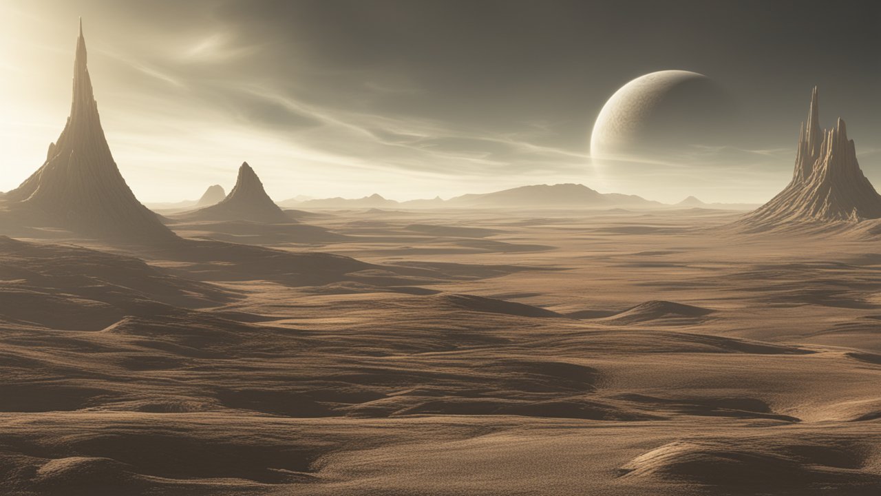 Alien Desert Landscape with Towering Rock Formations and Distant Planet