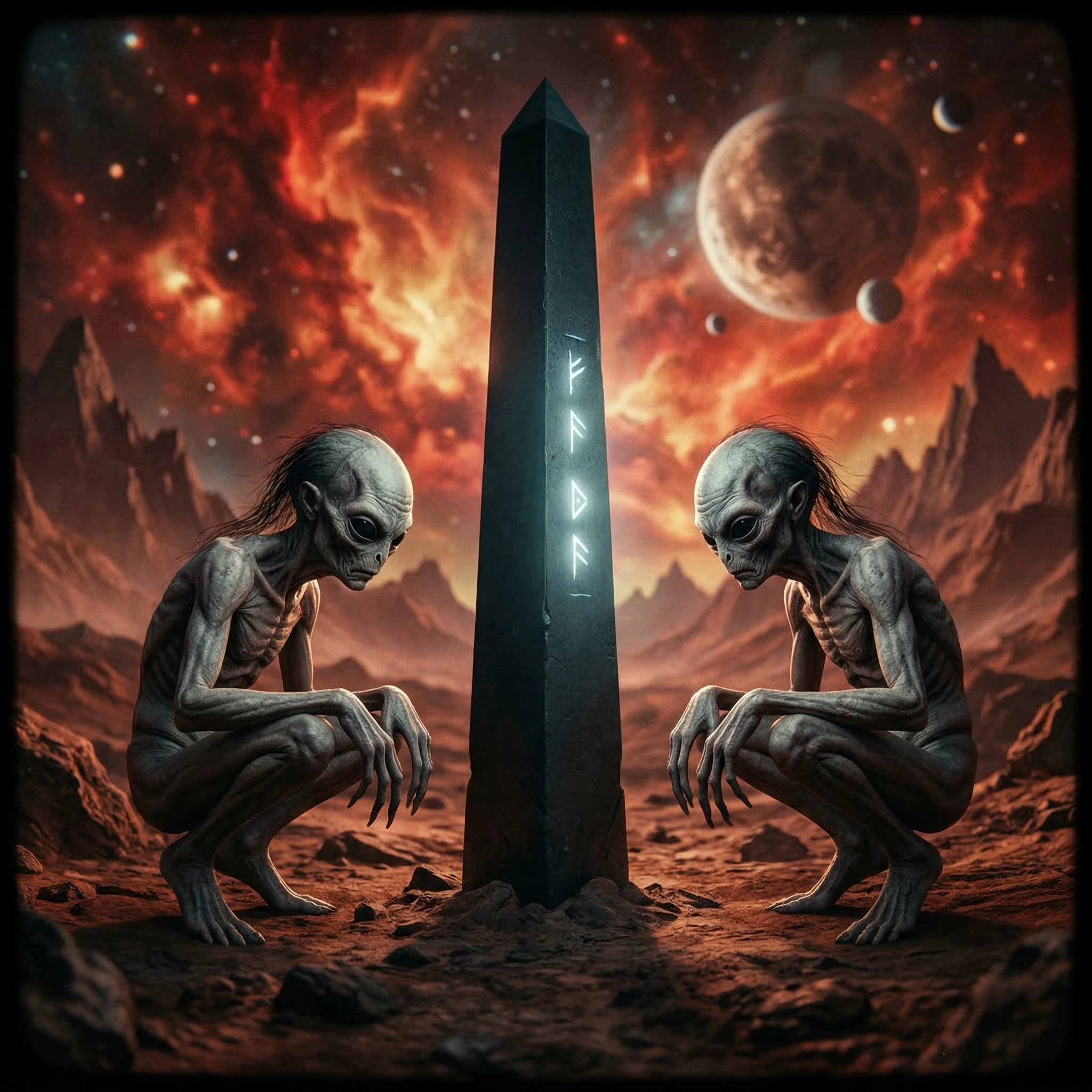 Alien Figures Contemplating a Glowing Obelisk on an Alien Planet