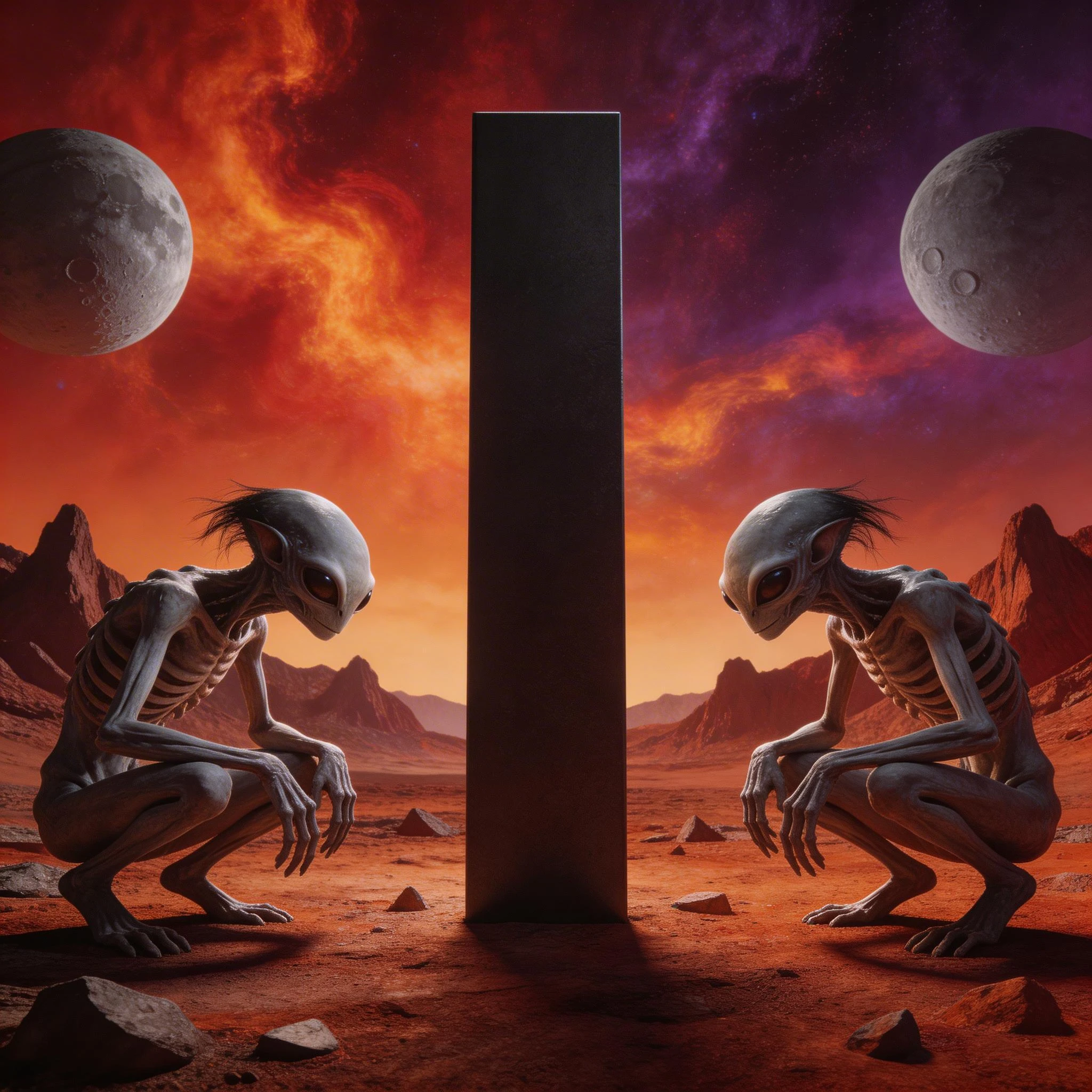 Alien Figures Contemplating a Monolith on a Red Planet