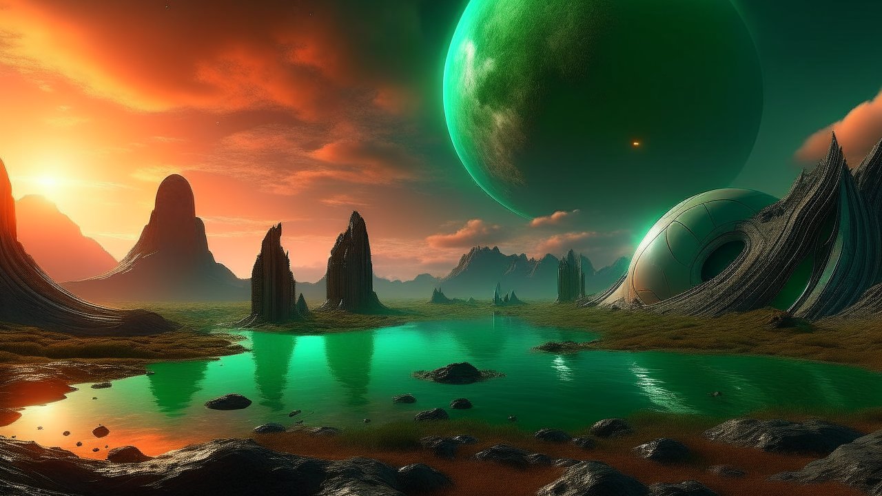 Alien Landscape with Giant Green Planet and Futuristic Structures