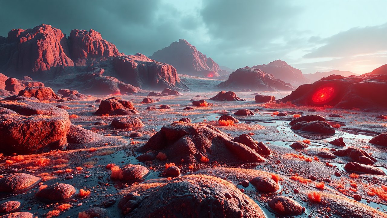 Alien Landscape with Glowing Red Slime and Rocky Terrain