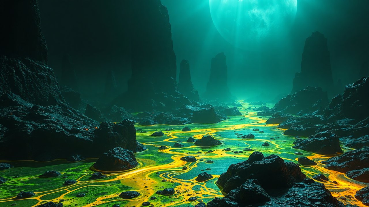 Alien Landscape with Glowing Yellow River Under a Large Moon