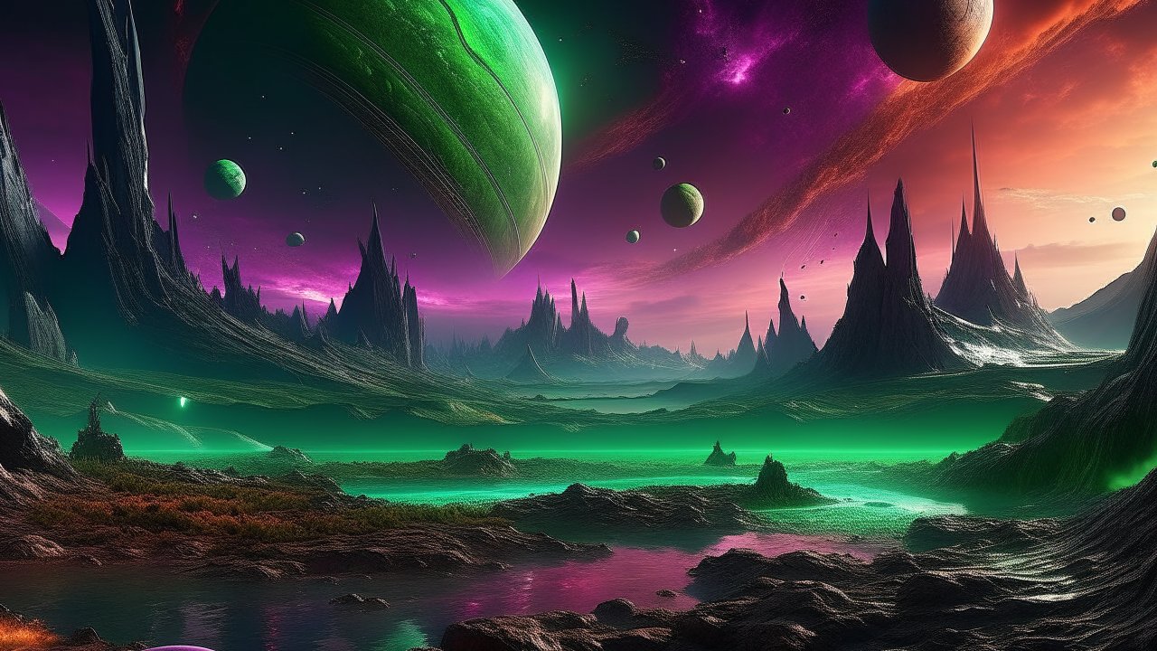 Alien Landscape with Multiple Planets and Spiky Mountains